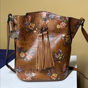 Patricia Nash Octavia Euro Map Print Brown Leather Bucket Tassel Shoulder Bag
